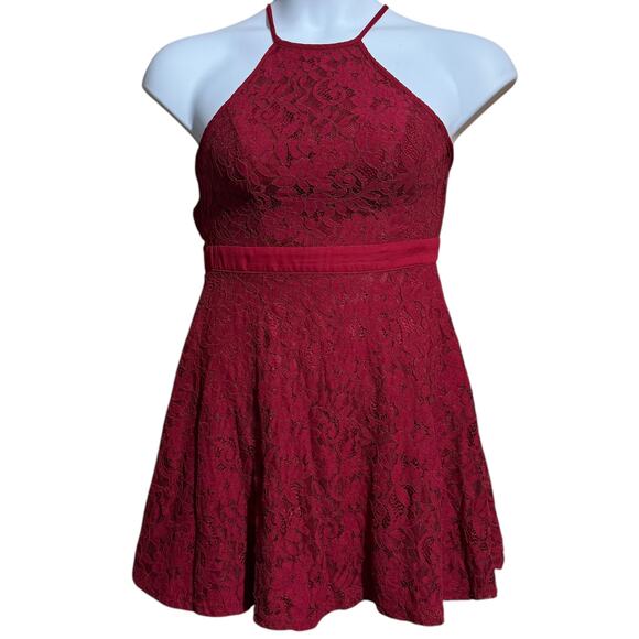 Lulus Twirling Around Wine Red Lace Skater open back mini Dress Size Small - Picture 1 of 11